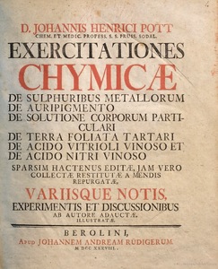 Exercitationes chymicae de sulphuribus metallorum, de auripigmento, de solutione corporum particulari, de terra foliata tartari, de acido vitrioli vinoso et de acido nitri vinoso